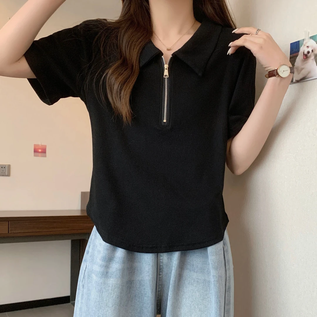 棉大码微胖MM夏季新款翻领polo衫正肩短袖T恤女装V领宽松显瘦上衣