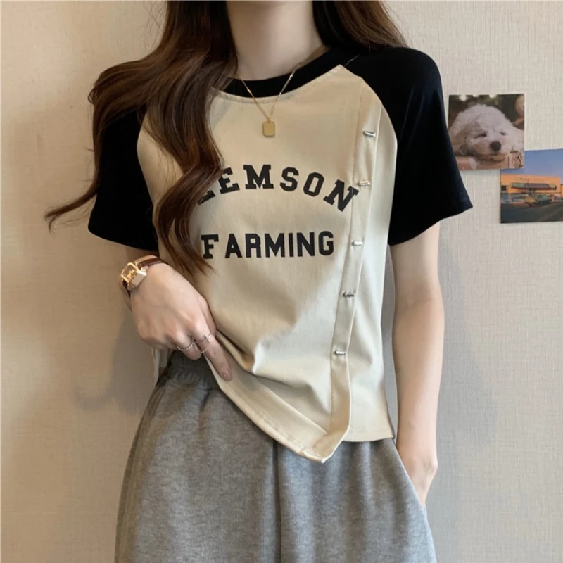 棉大码女装胖MM撞色印花短袖T恤夏季新款时尚设计感不规则上衣ins