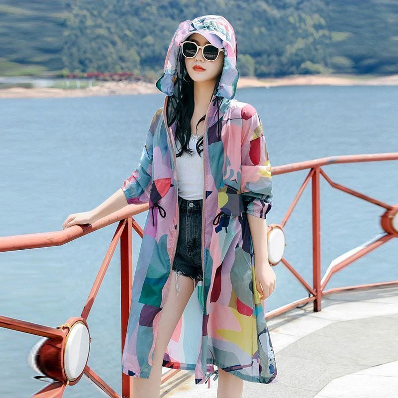 迷彩防晒衣女中长款过膝连帽宽松2024夏新款百搭ins防晒服薄外套