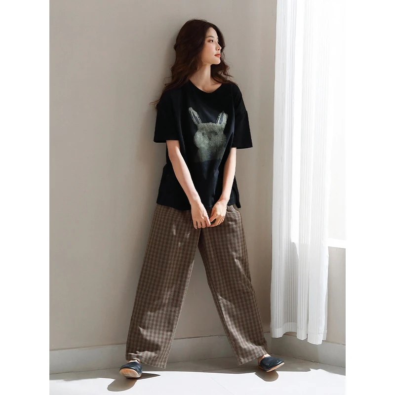 美腾2023年新款睡衣女夏季短袖长裤格子家居服宽松套装可外穿