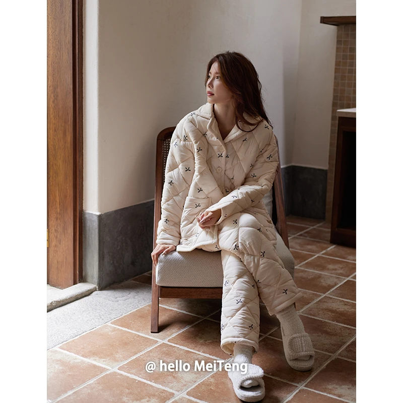 美腾24年新款珊瑚绒夹棉睡衣女冬季蝴蝶结三层加厚家居服保暖套装
