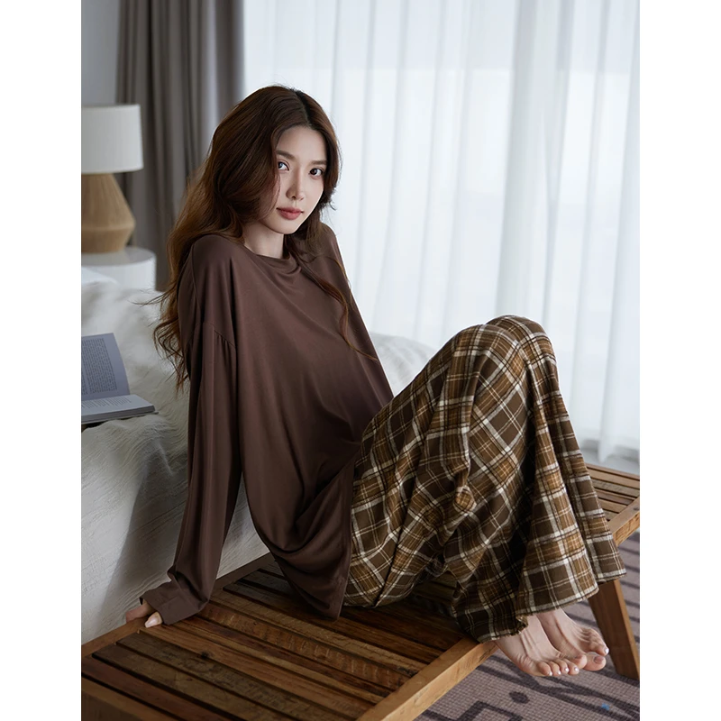 美腾2024年新款睡衣女春秋柔软棉长袖休闲家居服格子宽松长裤套装