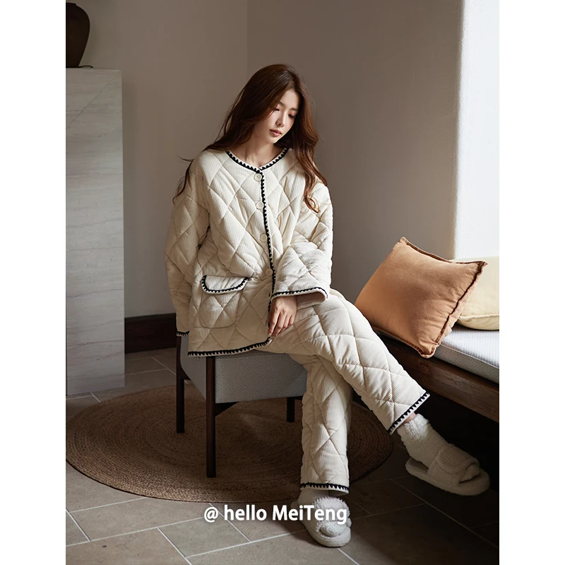 美腾夹棉珊瑚绒睡衣女冬季三层保暖加厚家居服棉袄开衫小香风套装