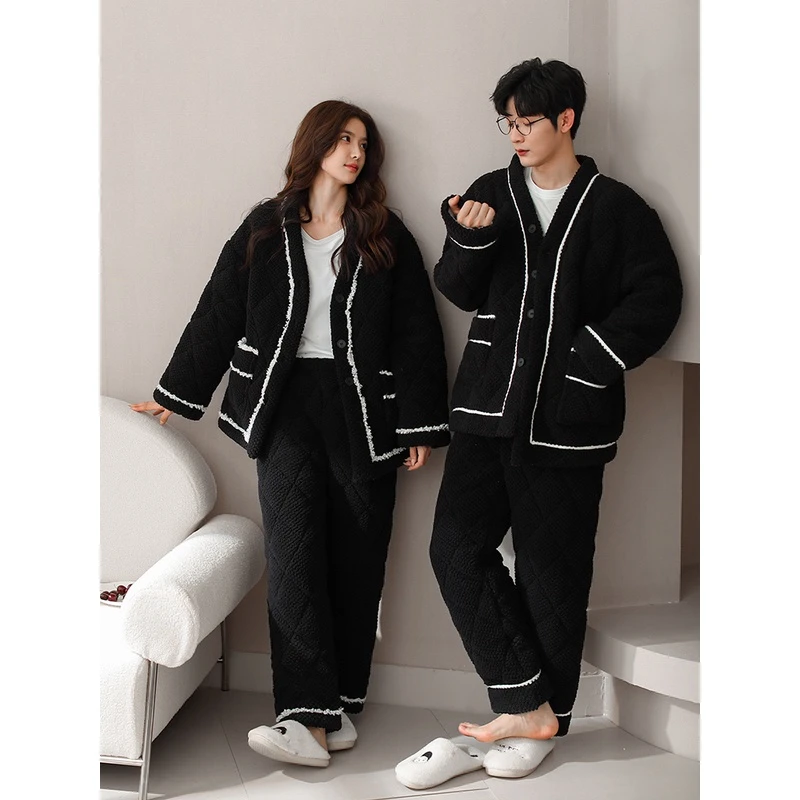 美腾情侣睡衣女冬季三层夹棉加厚加绒开衫保暖家居服珊瑚绒男套装