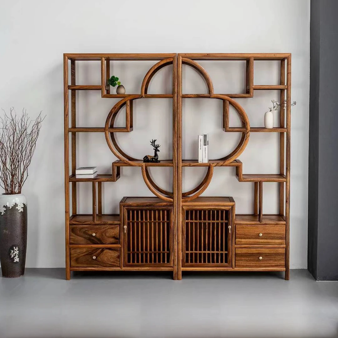 新中式胡桃木半闲博古架家用玄关隔断多宝阁全实木置物书架古董架