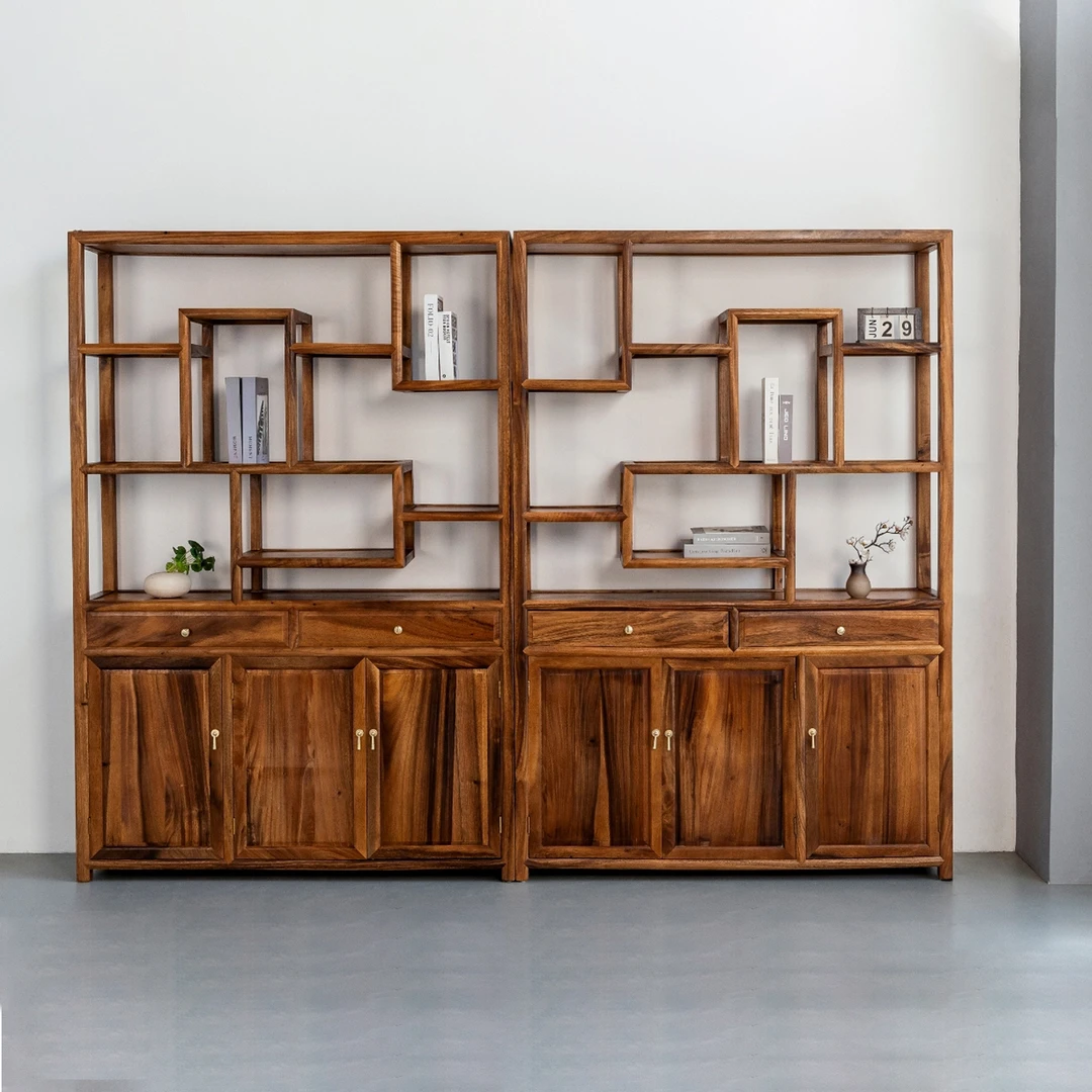 新中式胡桃木秋生博古架实木书架书柜禅意办公室展示柜置物架茶室