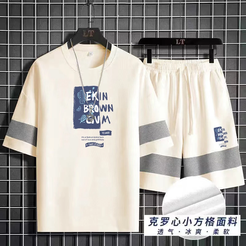 套装男夏季潮流韩版帅气休闲透气半袖华夫格百搭初中薄款时尚ins