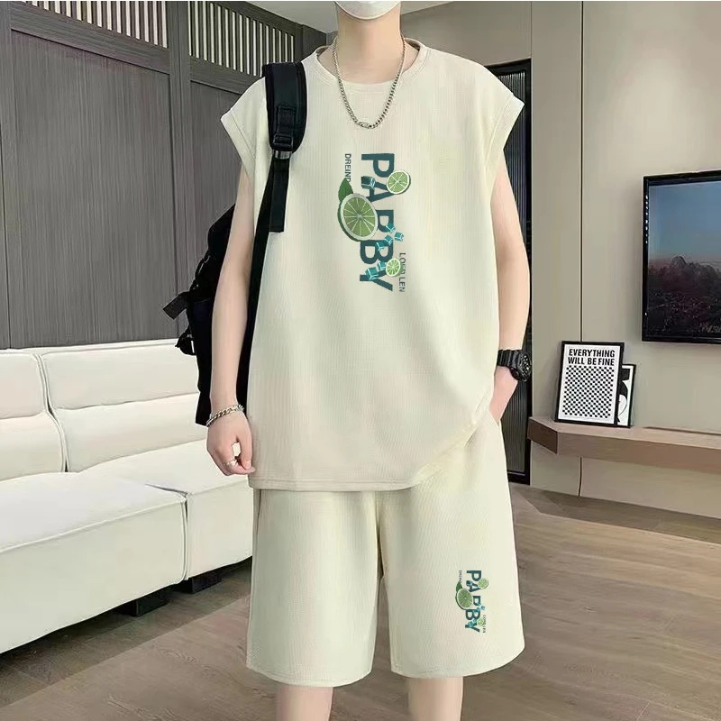 夏季新款青少年运动休闲无袖T恤套装港风潮流帅气百搭宽松两件套