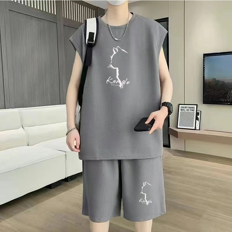 背心套装男夏季潮牌无袖t恤搭配一套青少年感休闲运动短裤两件套