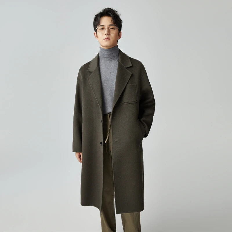 【男士双面呢大衣】秋冬西服领韩版百搭长款100%纯羊毛时尚宽松外套