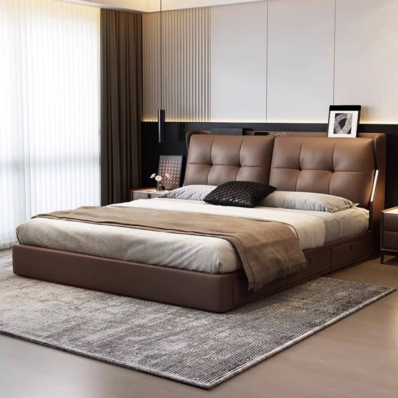 【带USB充电+氛围灯带】网红极简功能齐边储物真皮床高档主卧大床