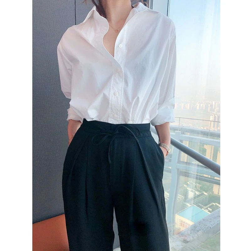 2023春秋新款衬衫宽松慵懒风设计感小众法式白色职业衬衫长袖女夏