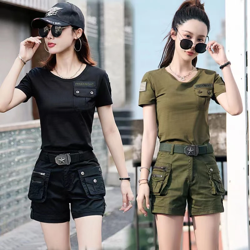 夏迷彩服短袖短裤套装女运动休闲薄款上衣T恤圆领修身工装两件套