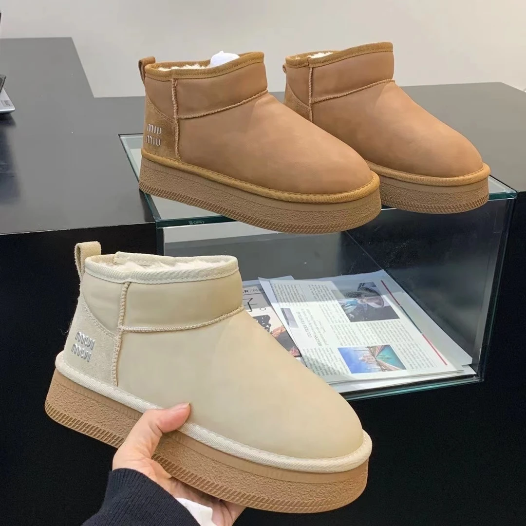 miu时尚雪地靴2023加绒加厚底防滑皮毛东北雪地棉鞋保暖短靴百搭