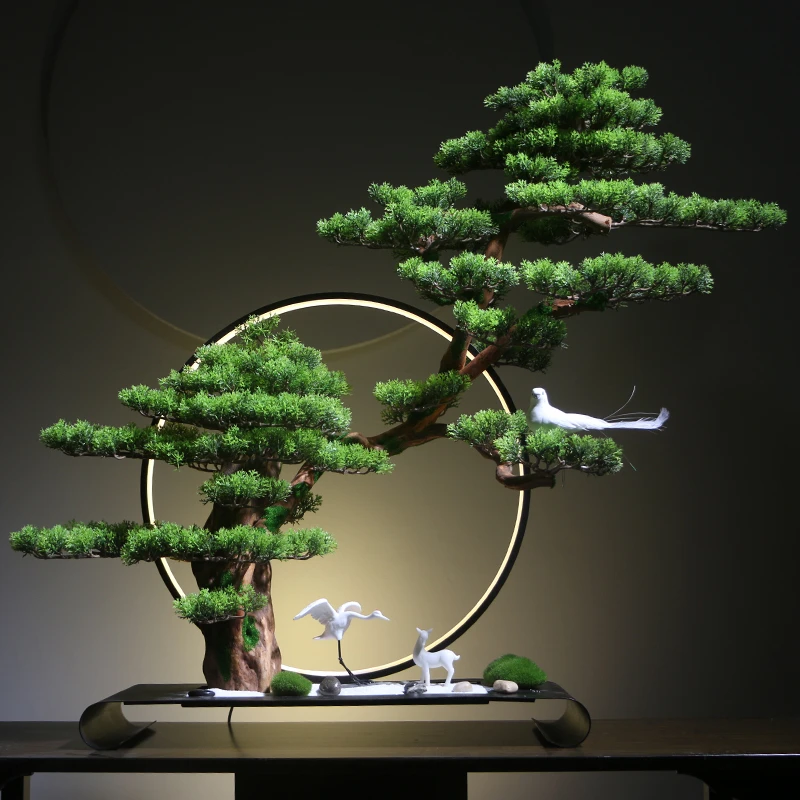 新中式仿真盆景迎客松招财摆件玄关桌面办公室客厅酒店微景观软装