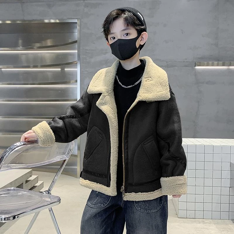 男童羊羔绒皮衣秋冬中大童2023冬装新款儿童加厚洋气皮毛一体外套