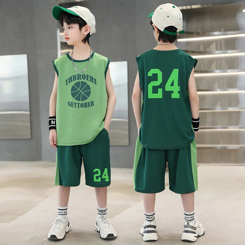 男童夏季篮球服套装2024新款中大童无袖背心运动速干衣两件套球衣