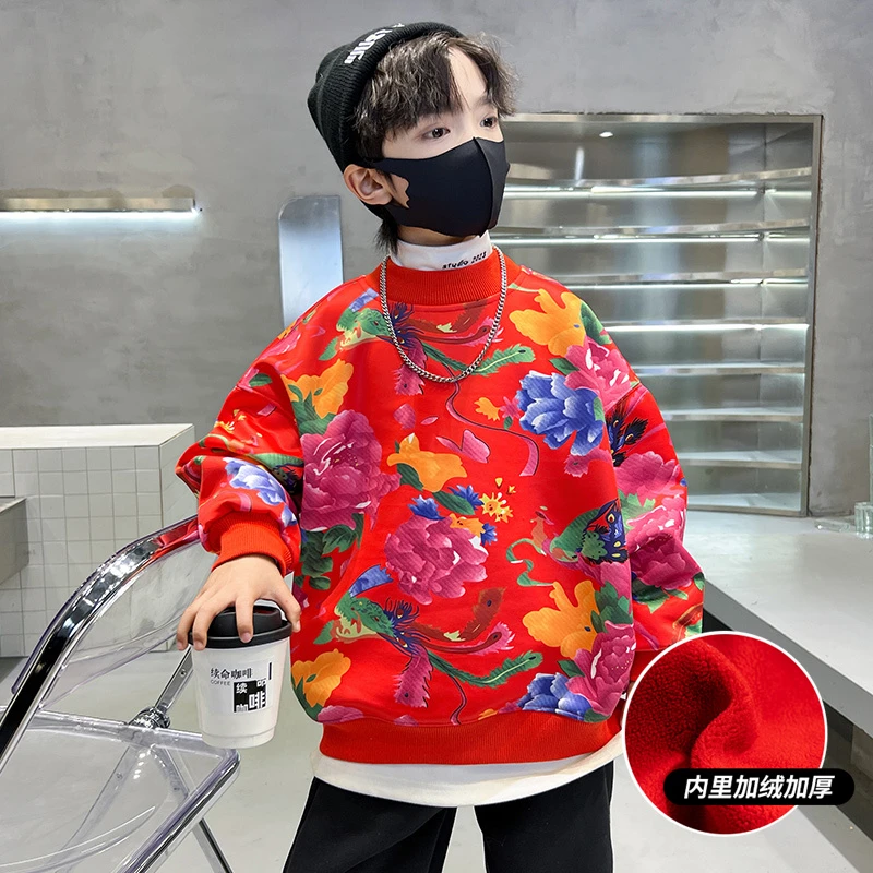 男童红色加绒卫衣秋冬款一体绒2023新款大儿童东北大花上衣冬装潮