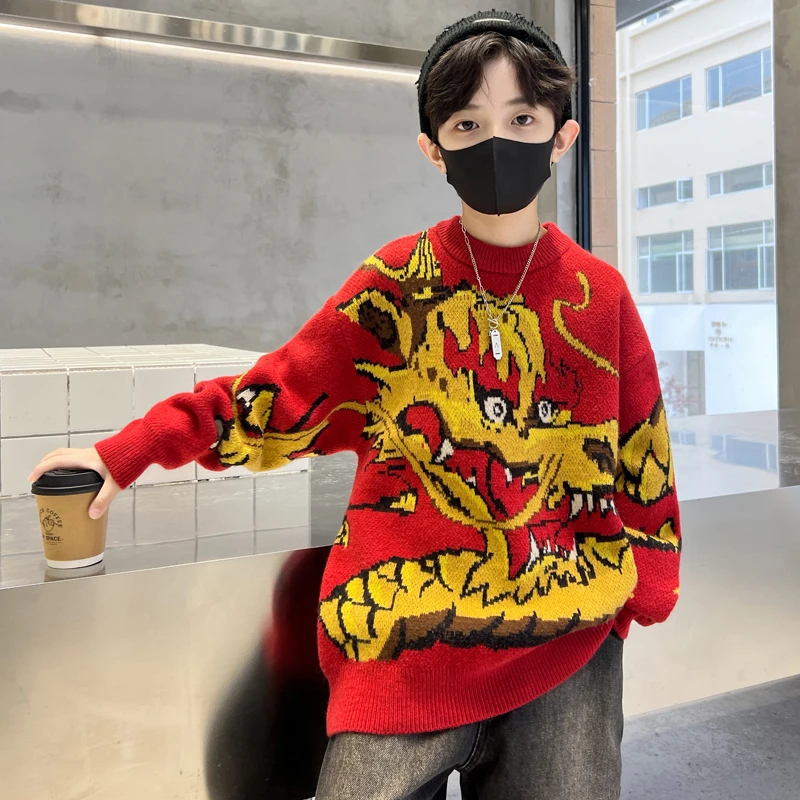 毛衣男童12-15岁潮龙年本命年服中大儿童针织衫生肖休闲保暖上衣