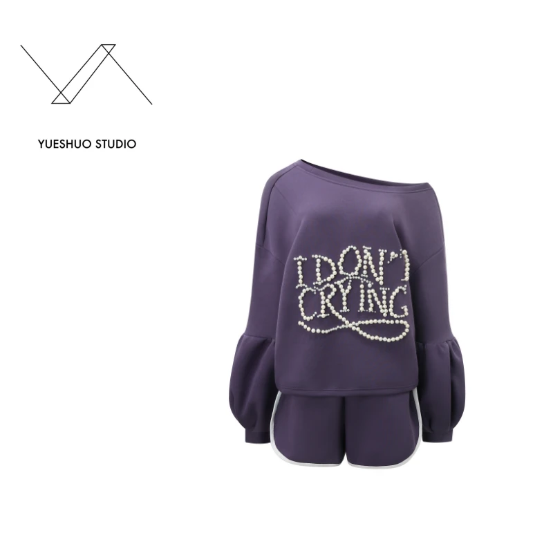 【审美偏爱】紫色长袖卫衣短裤套装 珍珠 微胖 大码 显瘦 秋冬好穿