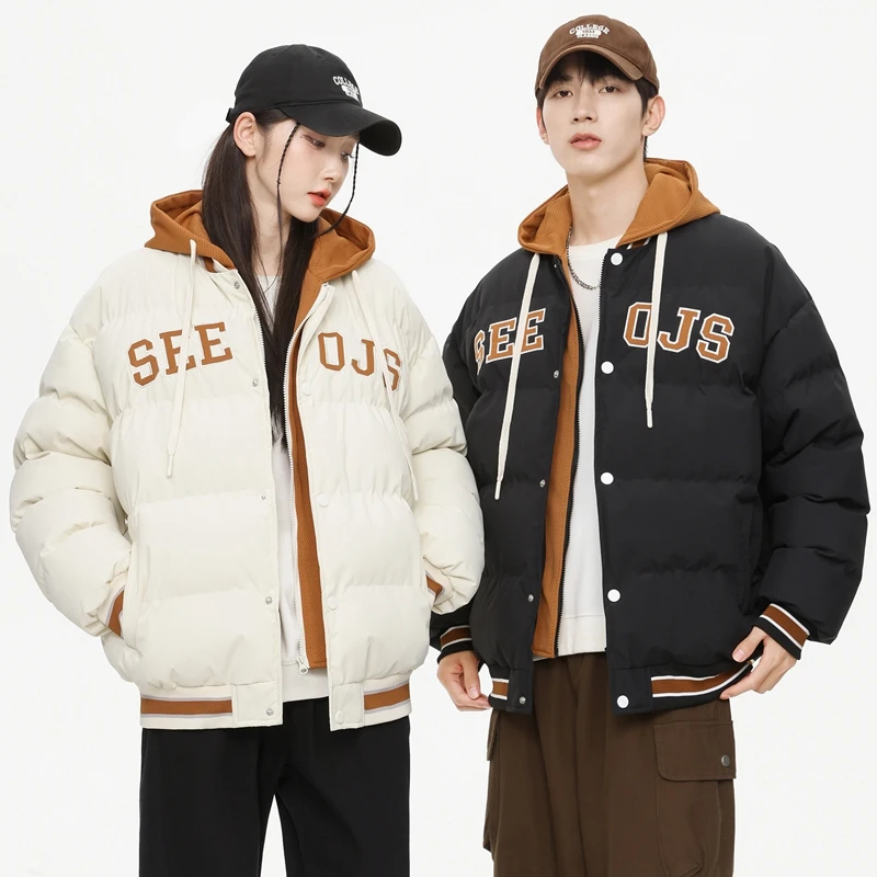 秋冬保暖棉服男女同款情侣棉服美式刺绣假两件宽松百搭棉衣外套