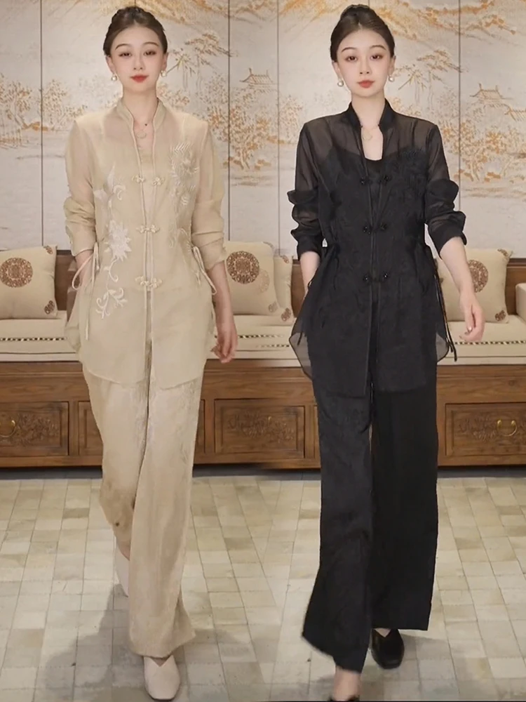 新中式时尚套装女24春季长袖系带中长款开衫吊带背心阔腿裤三件套