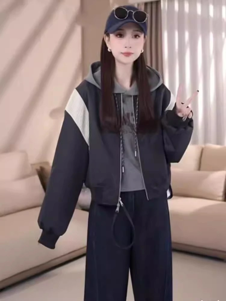 欧货立领长袖冲锋衣女秋冬新款宽松时尚拼色小个子夹棉棒球服上衣