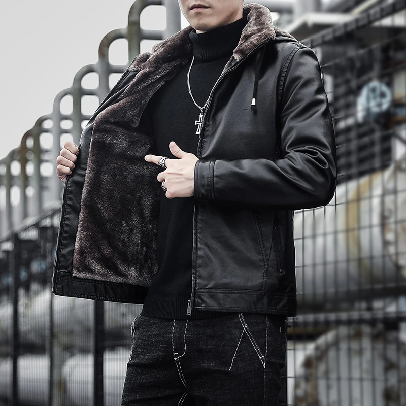 野马追休闲帅气皮毛一体仿皮皮衣连帽外套加厚加绒机车皮夹克冬季