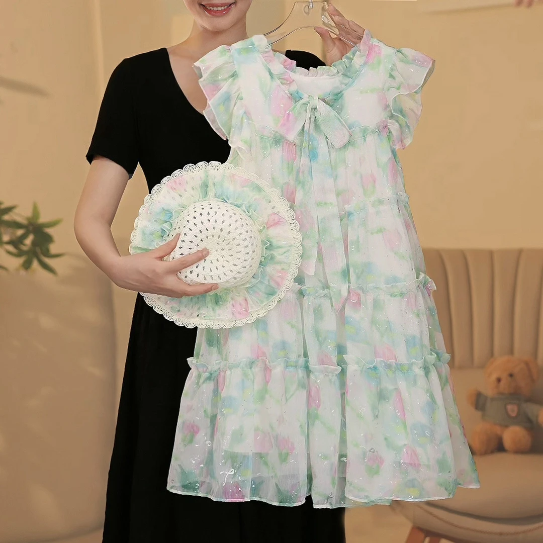 女童连衣裙2025夏季飘带碎花闪银蛋糕裙气质连衣裙T4230001420