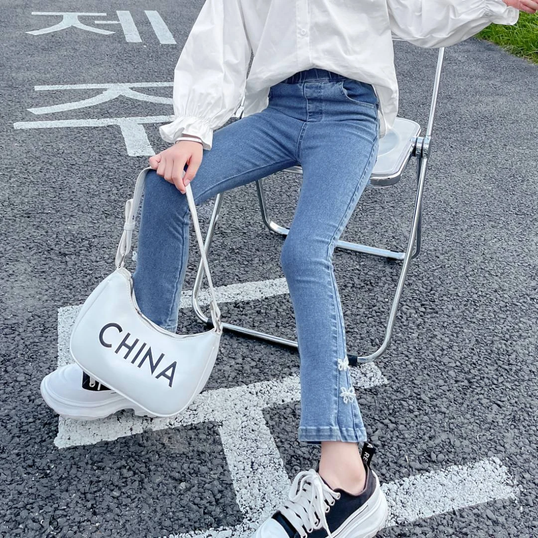 女童牛仔裤2024春季新款中大童高腰修身直筒潮九分裤T1326403112