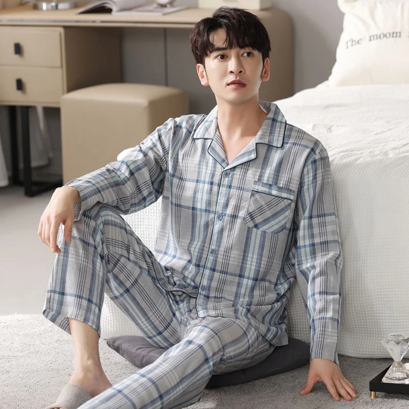 睡衣男大码春秋薄款格子纯棉长袖男睡衣中老年全棉男睡衣25800