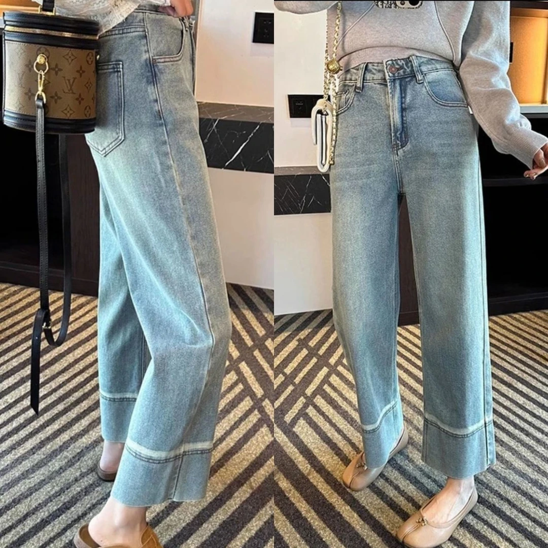 妙臻大码女装2025春夏季新款法棍裤胖妹妹直筒九分牛仔裤秋款2217