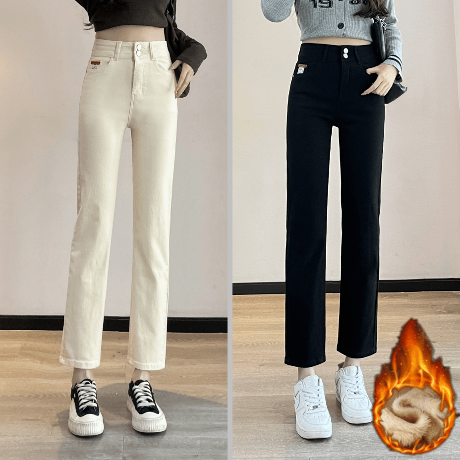 【马上发货】加绒加厚高腰显瘦百搭牛仔裤宽松直筒九分裤裤子冬6689