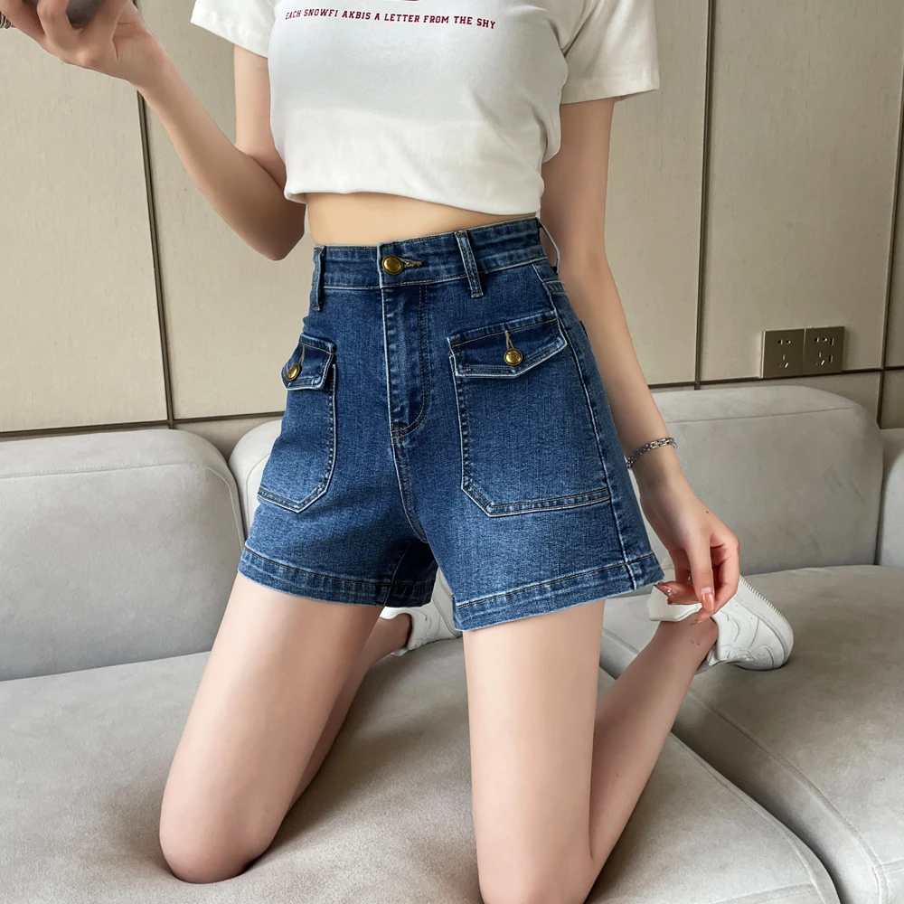 高腰牛仔短裤女夏季新款薄款宽松弹力显瘦深色直筒热裤子6612