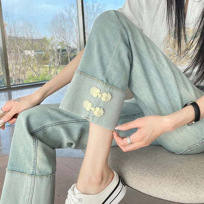 妙臻新中式直筒牛仔裤女春秋爆款大码胖mm显瘦九分国风小众女装