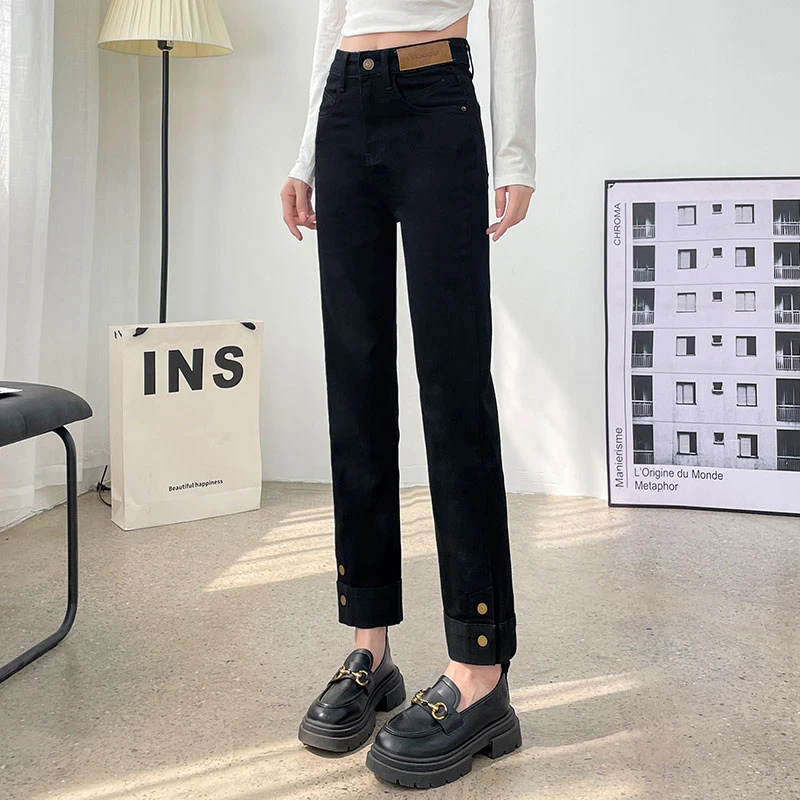 妙臻秋季新款牛仔裤烟管裤女牛仔直筒裤纽扣显瘦九分裤子爆款8773