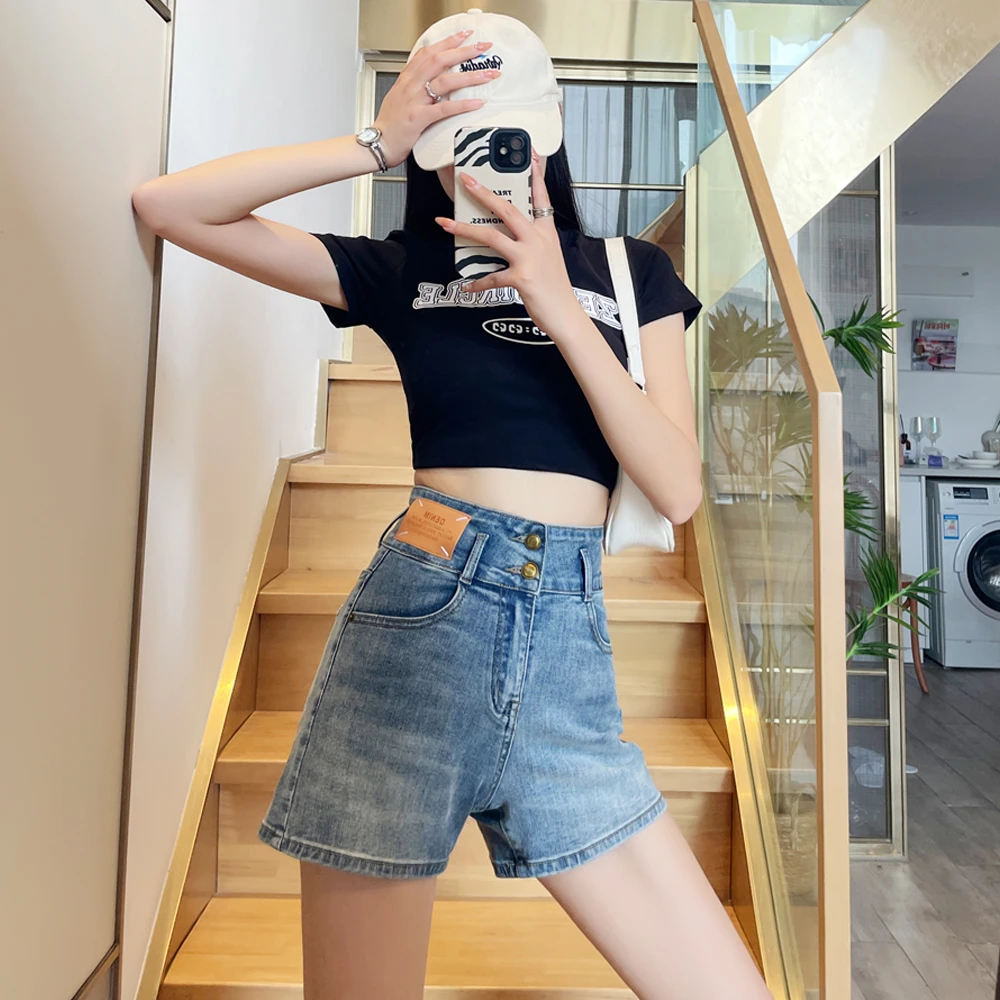 高腰牛仔短裤女夏季新款薄款宽松弹力显瘦深色直筒热裤子6619