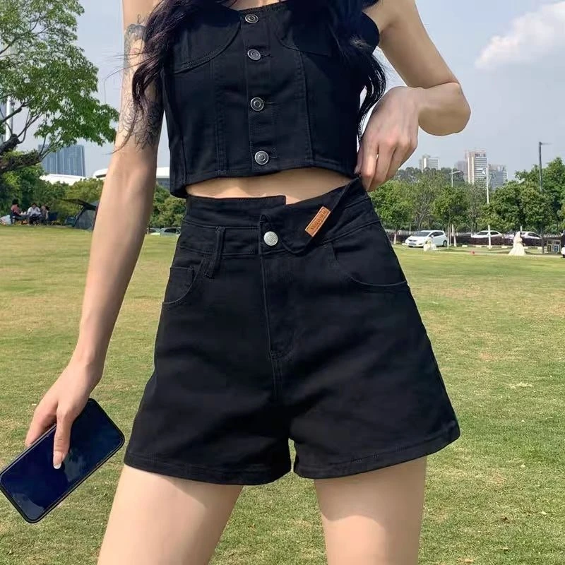 妙臻黑色A字高腰牛仔短裤女牛仔裤子阔腿裤宽松薄款夏季热裤6610#