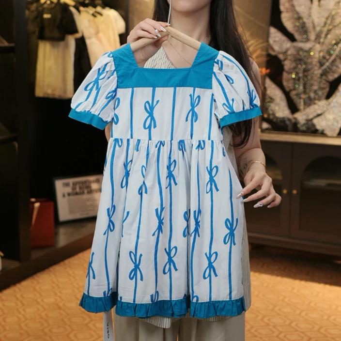 女宝蝴蝶结短袖连衣裙裙子童装女童时尚夏季公主宽松印花小众洋气