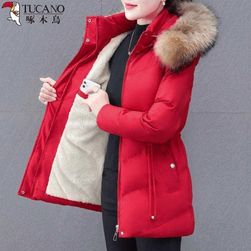 啄木鸟韩版休闲棉服女中长款冬季外套加绒加厚棉衣洋气女士棉袄潮