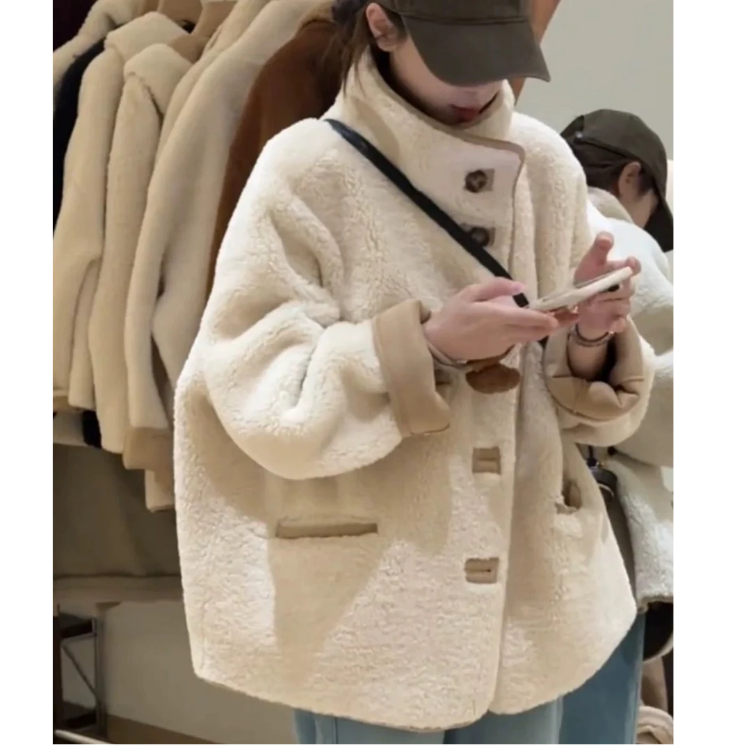 韩版休闲简约非皮毛一体毛毛外套中长款上衣女冬季宽松百搭保暖