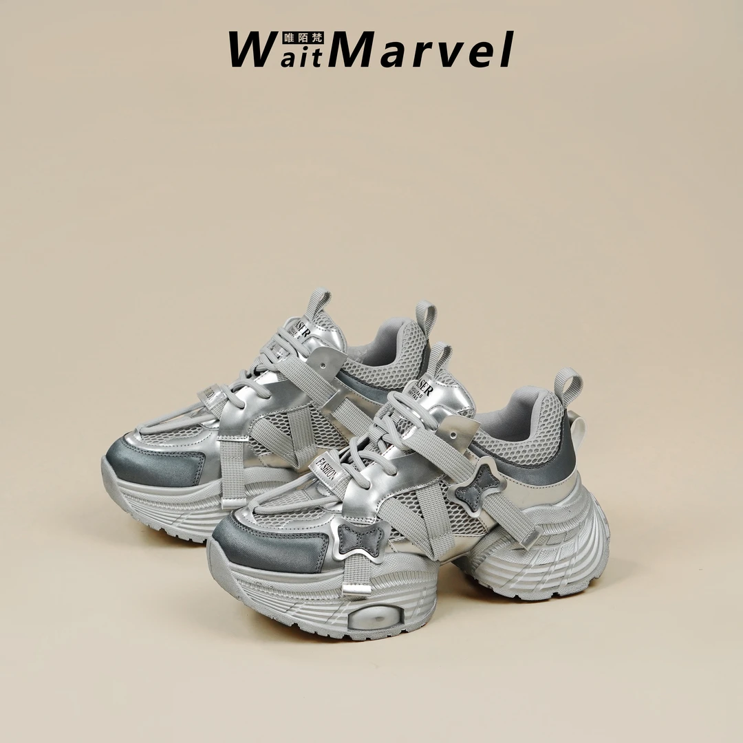 WAIT MARVEL秋季新款拼色老爹鞋女2024百搭时尚休闲运动厚底网鞋
