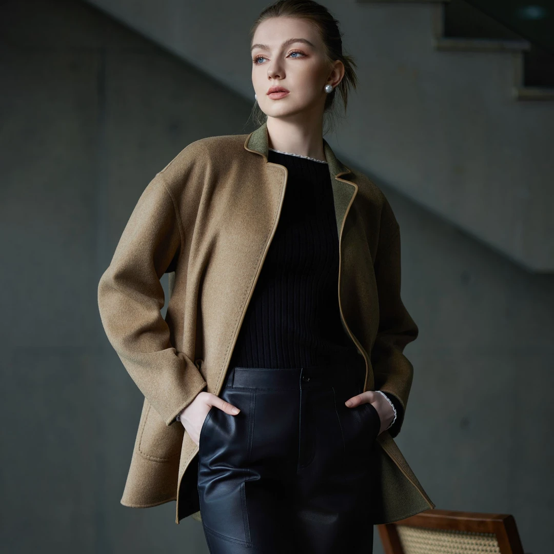 IDA&S经典重磅双色两穿短款大衣外套