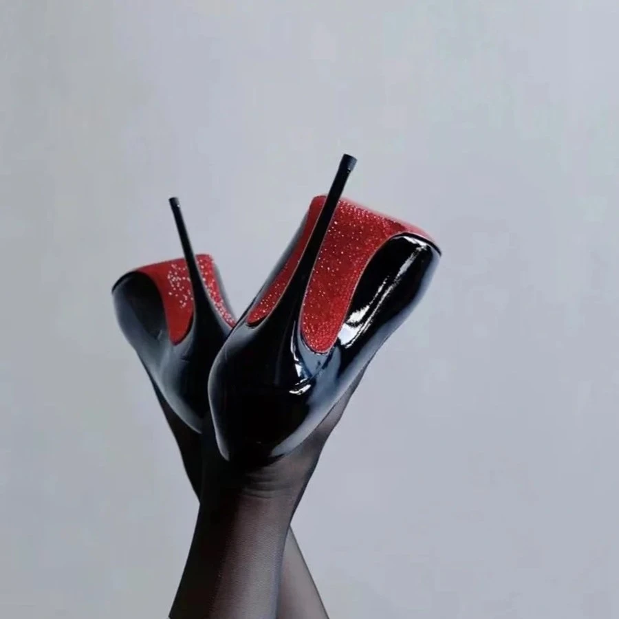 【柒七匠心】漆皮满钻高跟鞋女法式黑色水钻细跟性感尖头单鞋职业