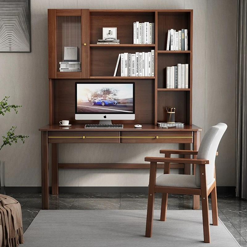 【超大容量】全实木书桌带书架组合简约家用书房写字桌工作台写字台