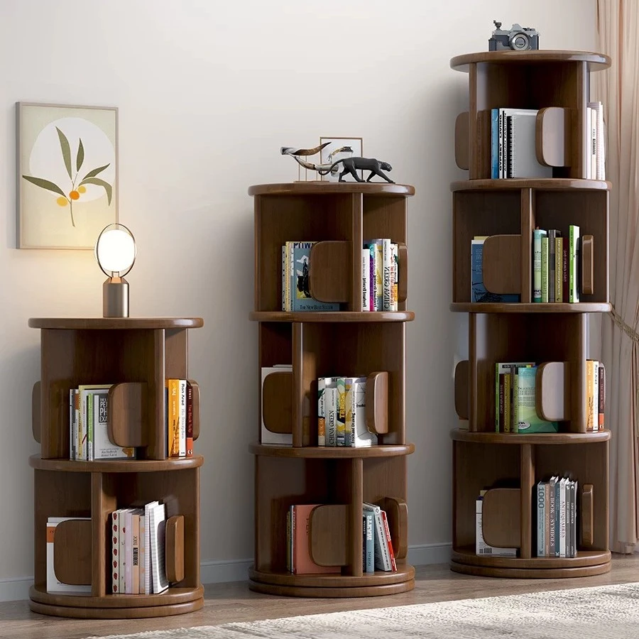 【纯实木】落地360度旋转全实木书架书柜书本收纳可移动置物架