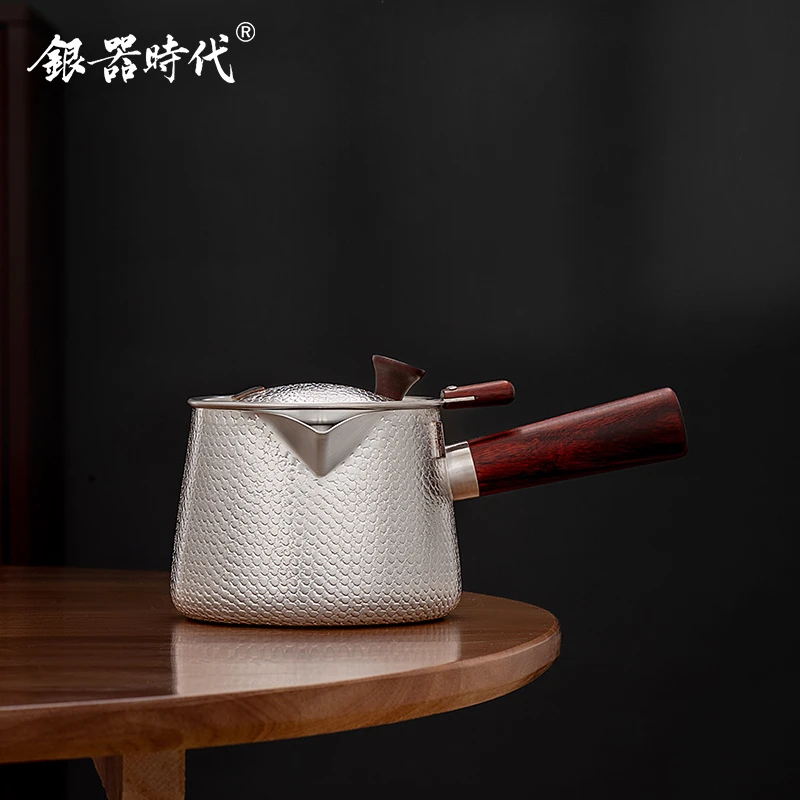 银器时代 银壶足银999泡茶壶多功能荒地纹煮茶壶侧把大容量银茶壶
