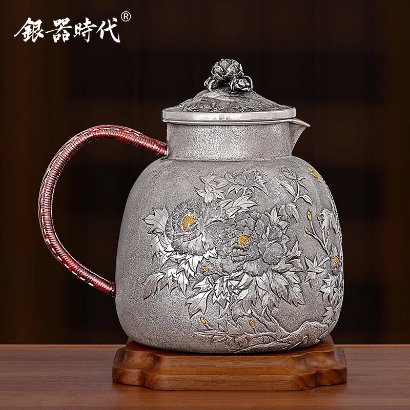 银器时代 足银999纯手工银水壶银壶大容量冷水壶牡丹养生凉水壶