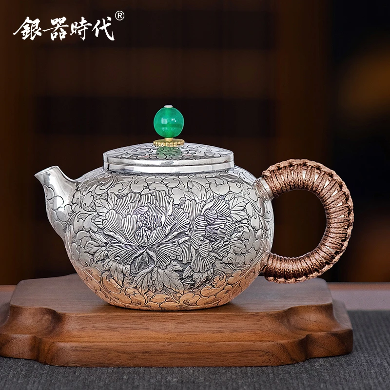 银器时代 足银999花开富贵泡茶壶纯手工家用茶壶中式泡壶复古银壶