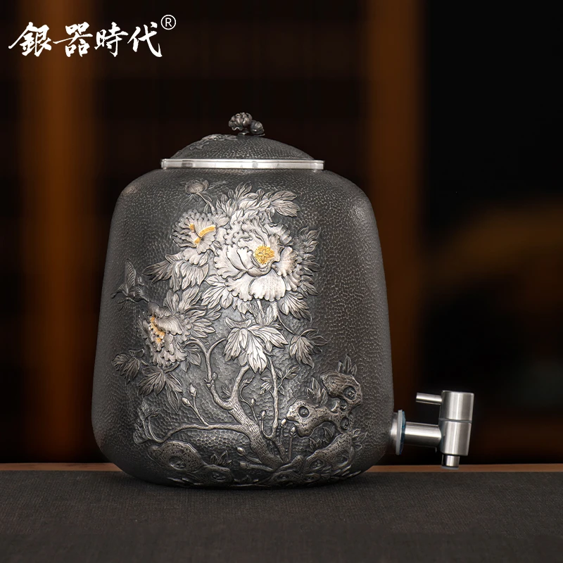 银器时代 足银999水缸花开富贵足银泡茶大容量鎏金带水龙头储酒器